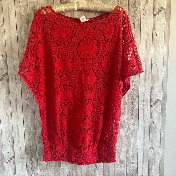Trina Turk Red Lace Top Cover Up Medium - Picture 2 of 5